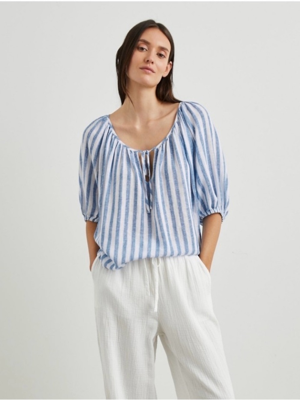 Rails Blue and White Striped Peasant Blouse